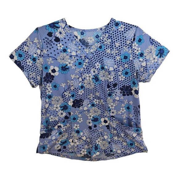 Happy Scrubs Navy Blue Floral V-neck Scrub Top Size L - Picture 1 of 8